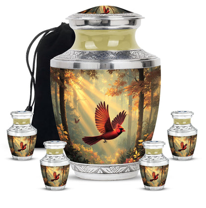 Burnished Gold Cardinal Cremation Urn lifestyle display on memorial shelf - stylized abstract cardinal pattern with bold lines - memorial set with one large and four small urns