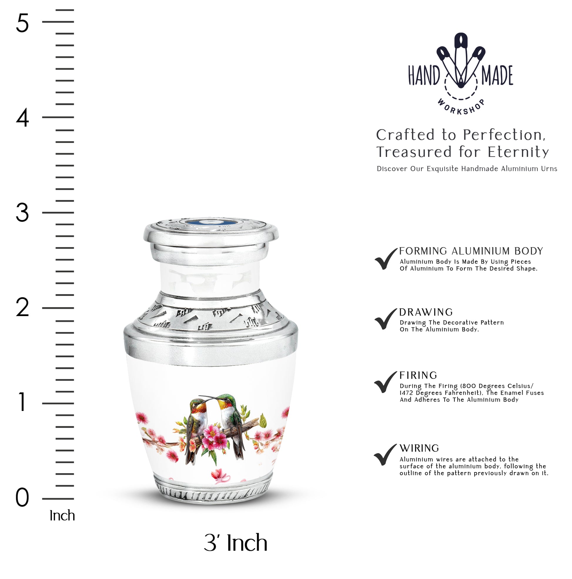 Polished Silver Hummingbird Cremation Urn top-down view of secure threaded lid - artistic hummingbird interpretation with creative detail - mini keepsake memorial for portion of cremation ashes