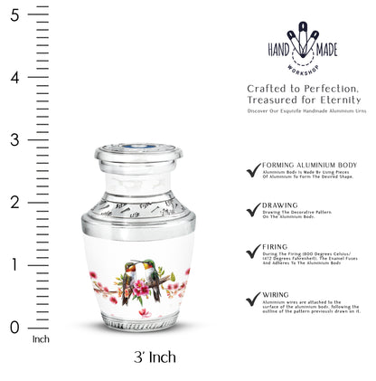 Polished Silver Hummingbird Cremation Urn top-down view of secure threaded lid - artistic hummingbird interpretation with creative detail - mini keepsake memorial for portion of cremation ashes