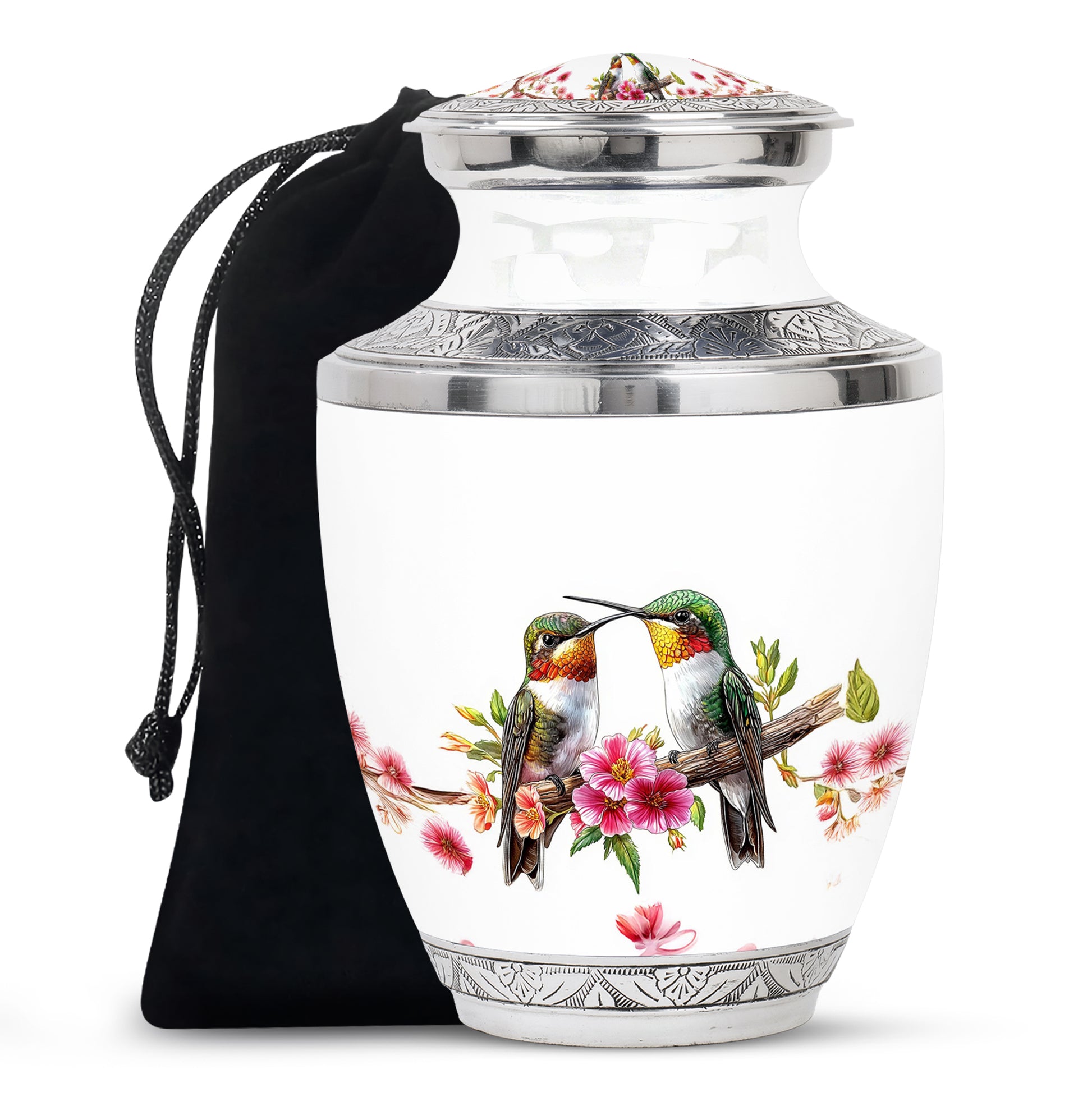 Platinum Silver Hummingbird Cremation Urn side profile showing urn shape - contemporary hummingbird design with modern artistic flair - full-size 10 inch 200 cubic inch adult cremation urn