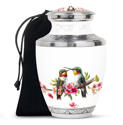 Platinum Silver Hummingbird Cremation Urn side profile showing urn shape - contemporary hummingbird design with modern artistic flair - full-size 10 inch 200 cubic inch adult cremation urn