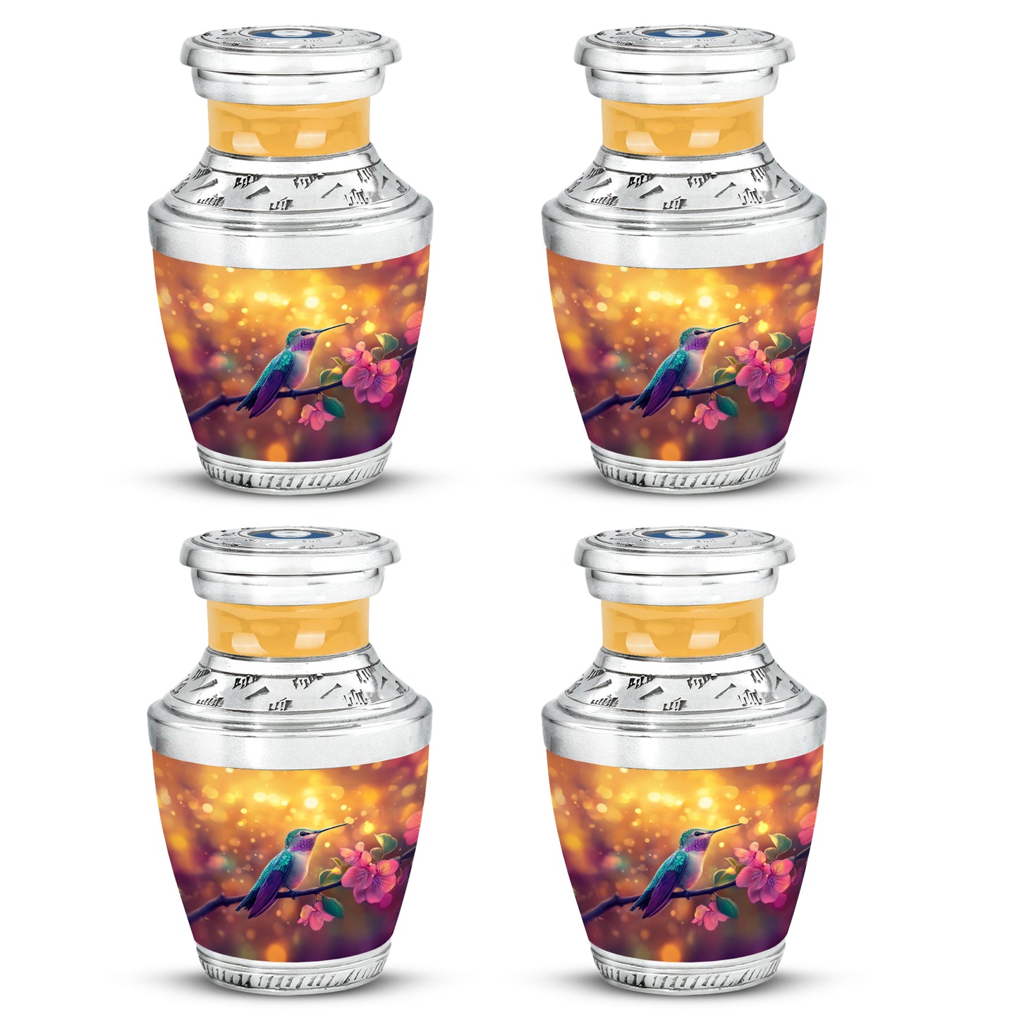 Champagne Gold Hummingbird Cremation Urn back view with polished surface - contemporary hummingbird design with modern artistic flair - 10 inch aluminum urn for cremated remains