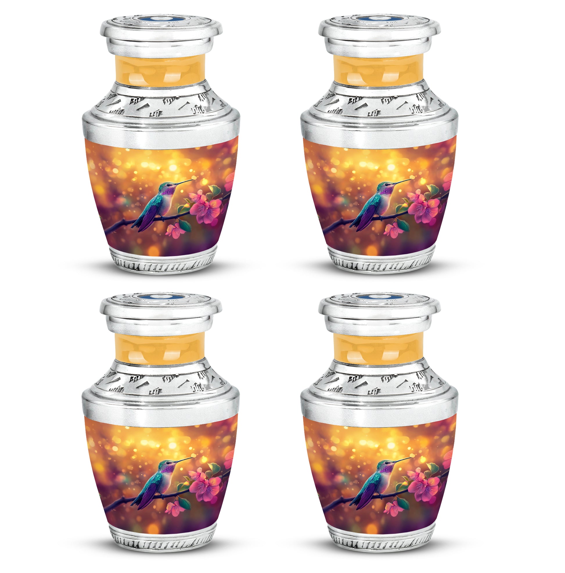 Champagne Gold Hummingbird Cremation Urn back view with polished surface - contemporary hummingbird design with modern artistic flair - 10 inch aluminum urn for cremated remains