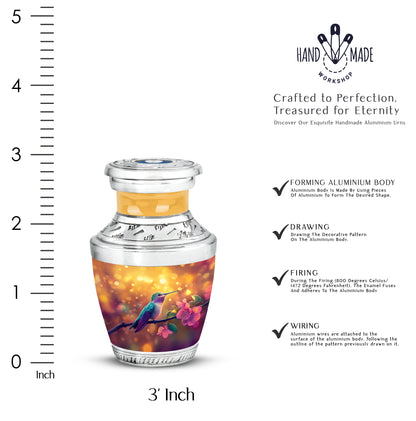 Harvest Gold Hummingbird Cremation Urn top-down view of secure threaded lid - artistic hummingbird interpretation with creative detail - mini keepsake memorial for portion of cremation ashes