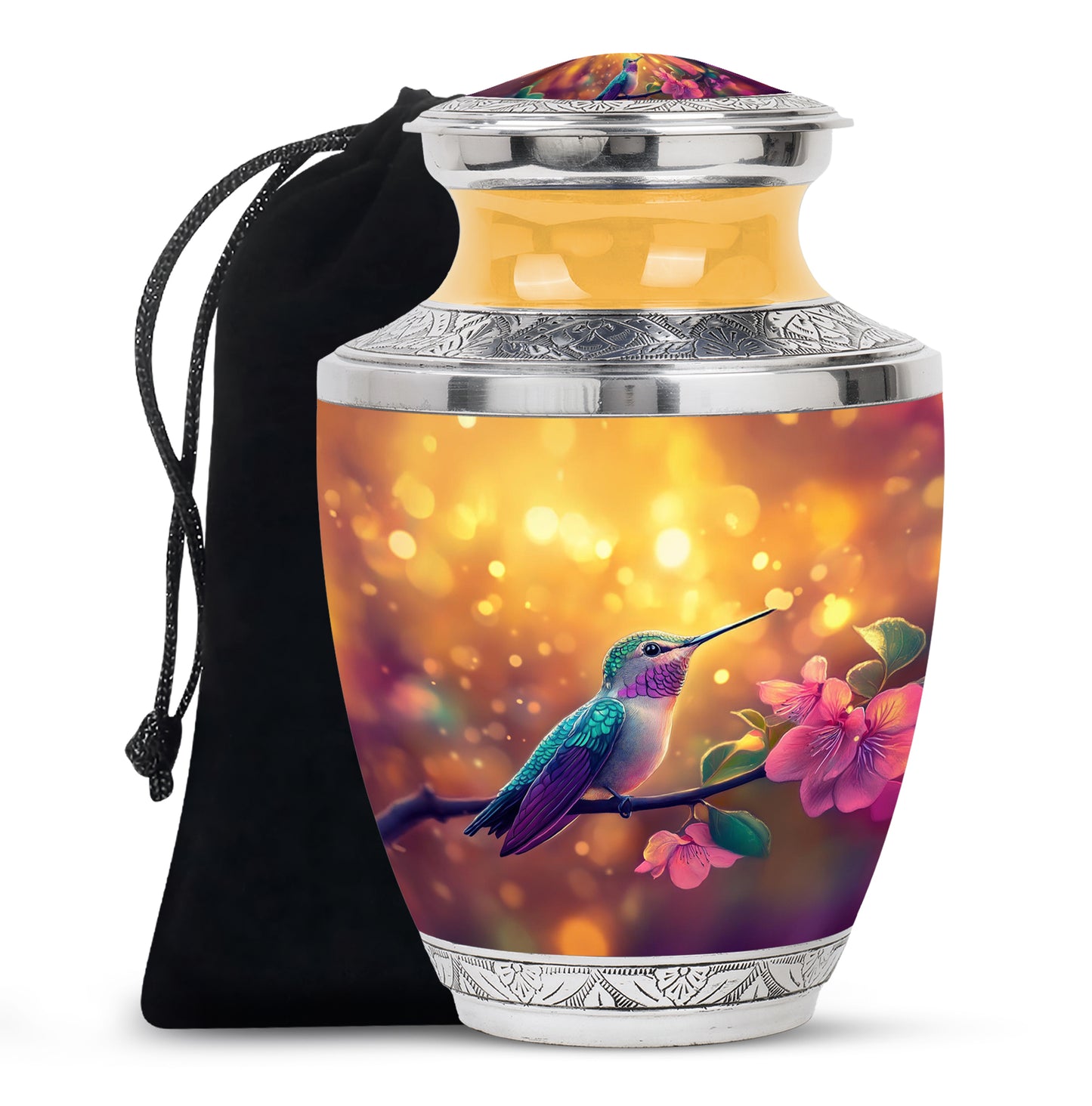 Harvest Gold Hummingbird Cremation Urn side profile showing urn shape - stylized abstract hummingbird pattern with bold lines - full-size 10 inch 200 cubic inch adult cremation urn