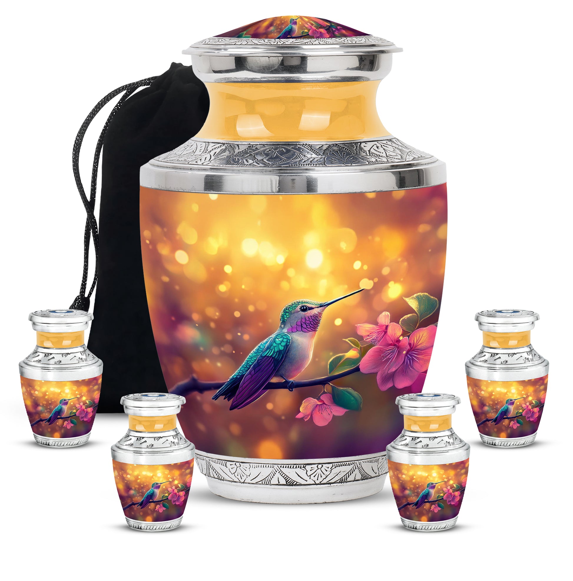 Royal Gold Hummingbird Cremation Urn lifestyle display on memorial shelf - artistic hummingbird interpretation with creative detail - memorial set with one large and four small urns