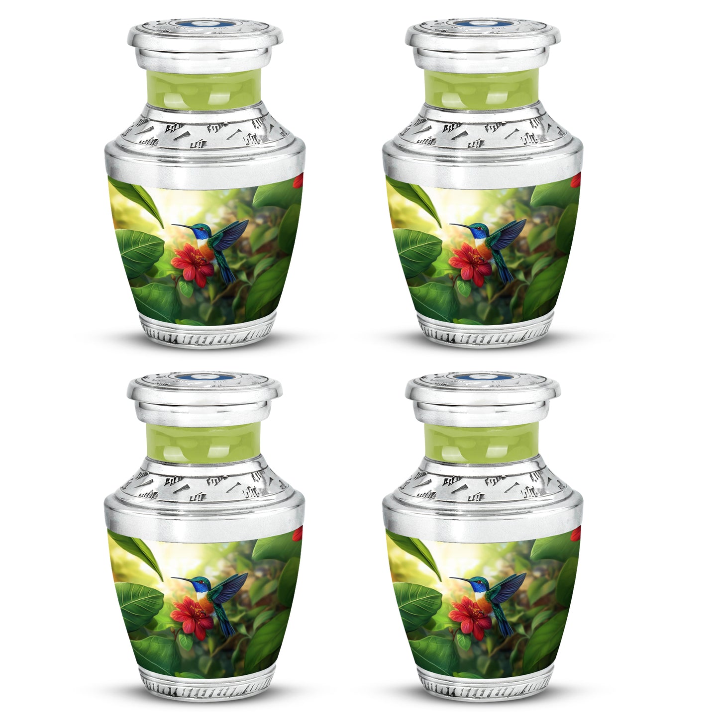 Lemon Yellow Hummingbird Cremation Urn back view with polished surface - artistic hummingbird interpretation with creative detail - 10 inch aluminum urn for cremated remains
