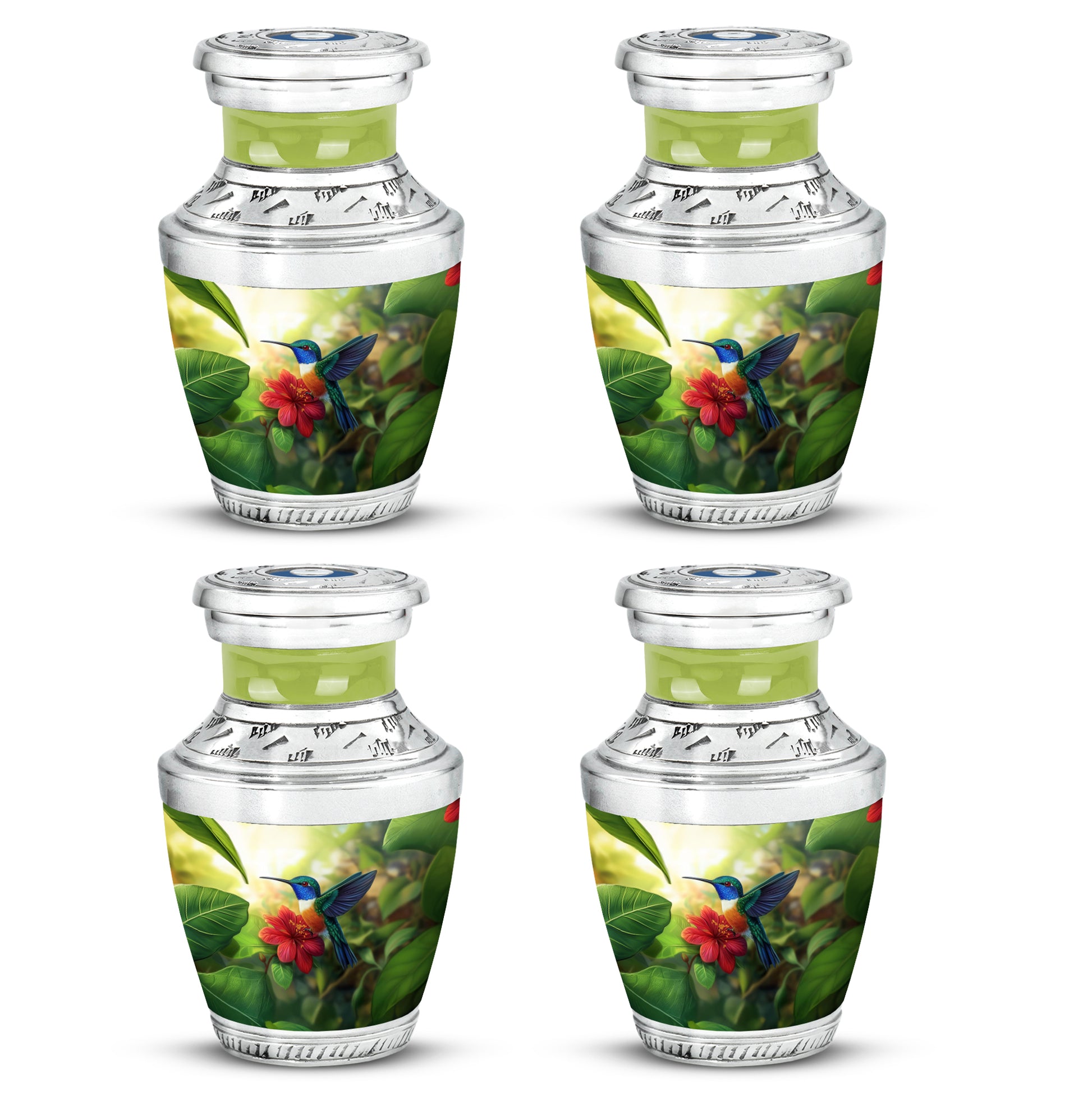 Lemon Yellow Hummingbird Cremation Urn back view with polished surface - artistic hummingbird interpretation with creative detail - 10 inch aluminum urn for cremated remains