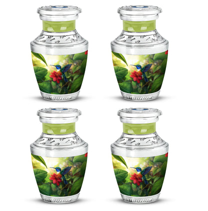 Lemon Yellow Hummingbird Cremation Urn back view with polished surface - artistic hummingbird interpretation with creative detail - 10 inch aluminum urn for cremated remains