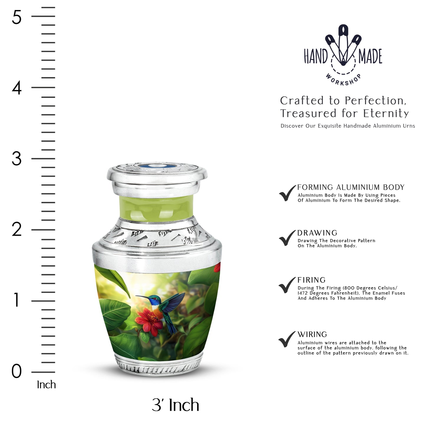 Harvest Yellow Hummingbird Cremation Urn top-down view of secure threaded lid - contemporary hummingbird design with modern artistic flair - mini keepsake memorial for portion of cremation ashes