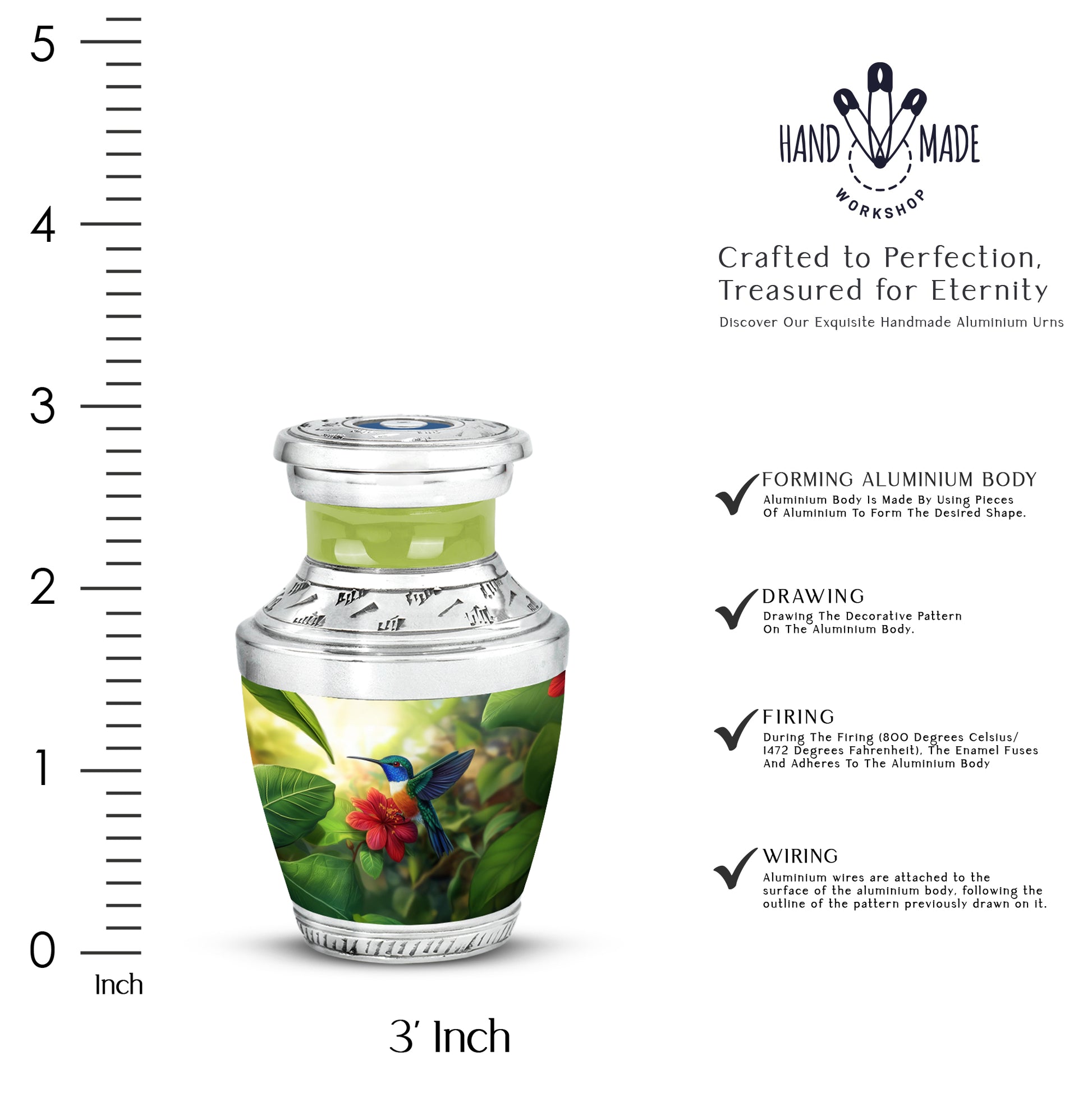 Harvest Yellow Hummingbird Cremation Urn top-down view of secure threaded lid - contemporary hummingbird design with modern artistic flair - mini keepsake memorial for portion of cremation ashes