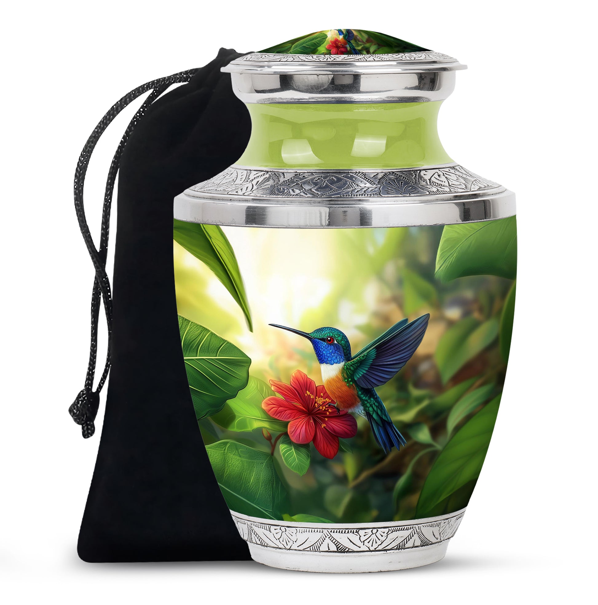 Soft Yellow Hummingbird Cremation Urn side profile showing urn shape - stylized abstract hummingbird pattern with bold lines - full-size 10 inch 200 cubic inch adult cremation urn