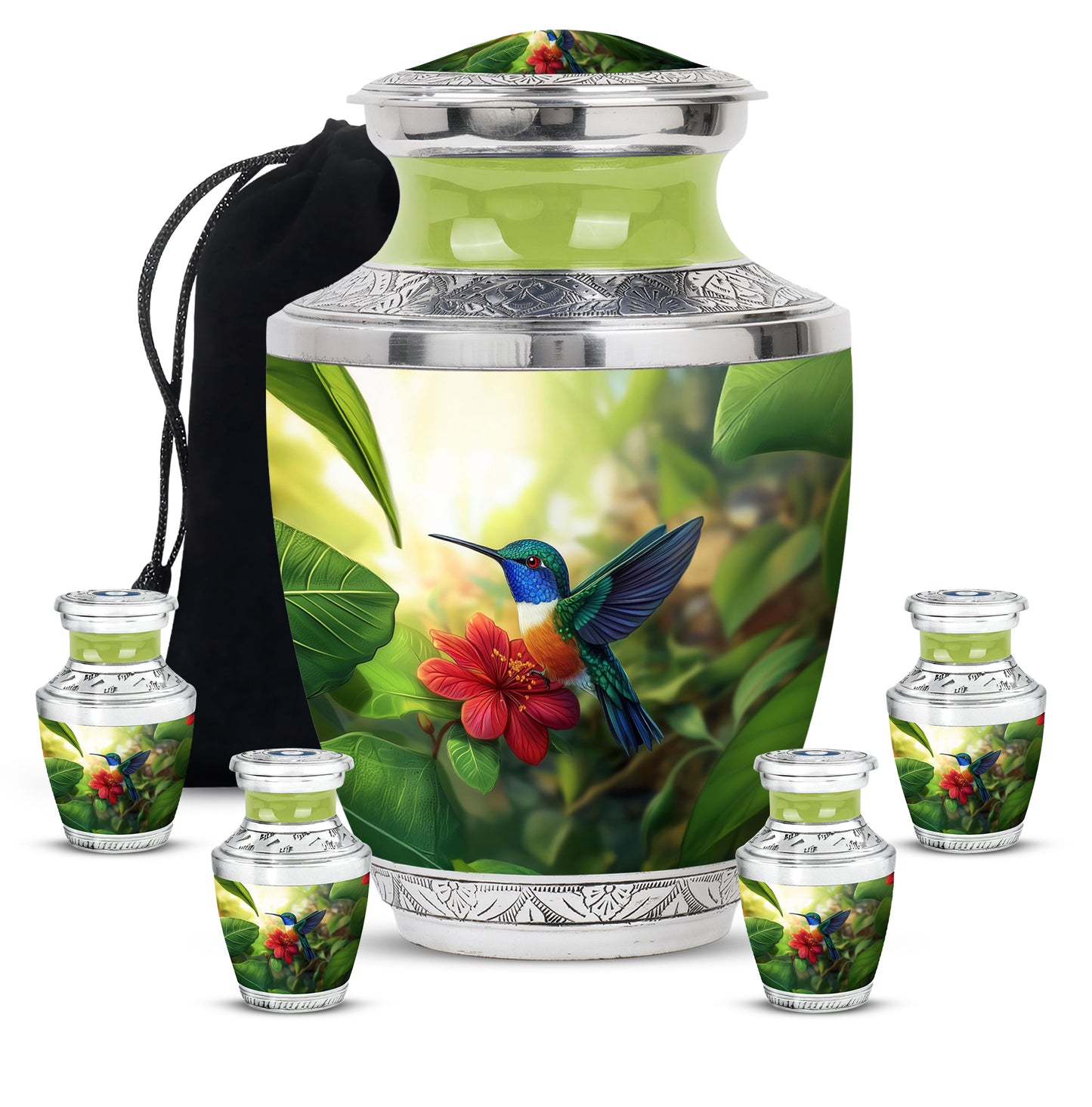 Soft Yellow Hummingbird Cremation Urn lifestyle display on memorial shelf - artistic hummingbird interpretation with creative detail - memorial set with one large and four small urns