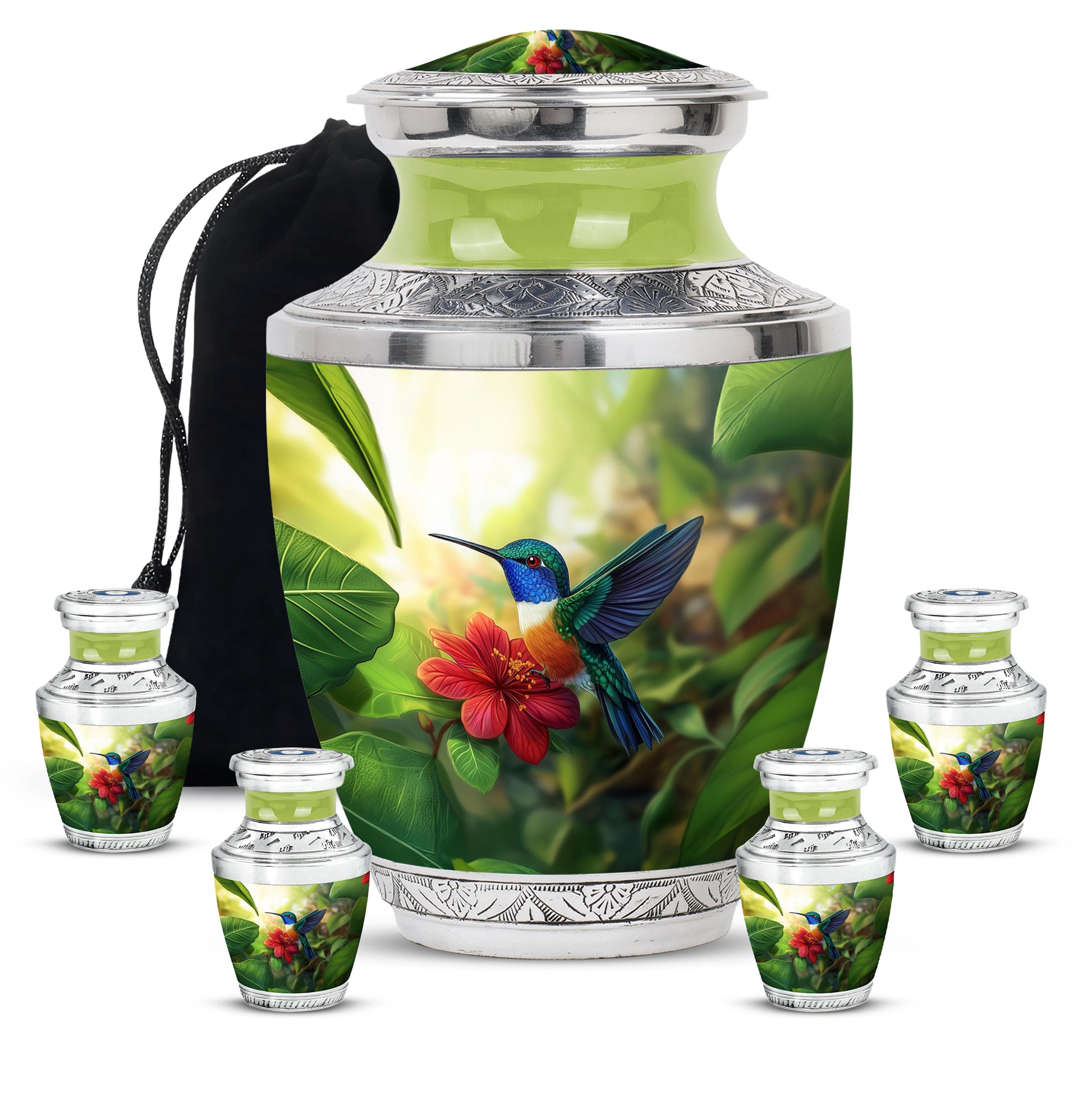 Soft Yellow Hummingbird Cremation Urn lifestyle display on memorial shelf - artistic hummingbird interpretation with creative detail - memorial set with one large and four small urns
