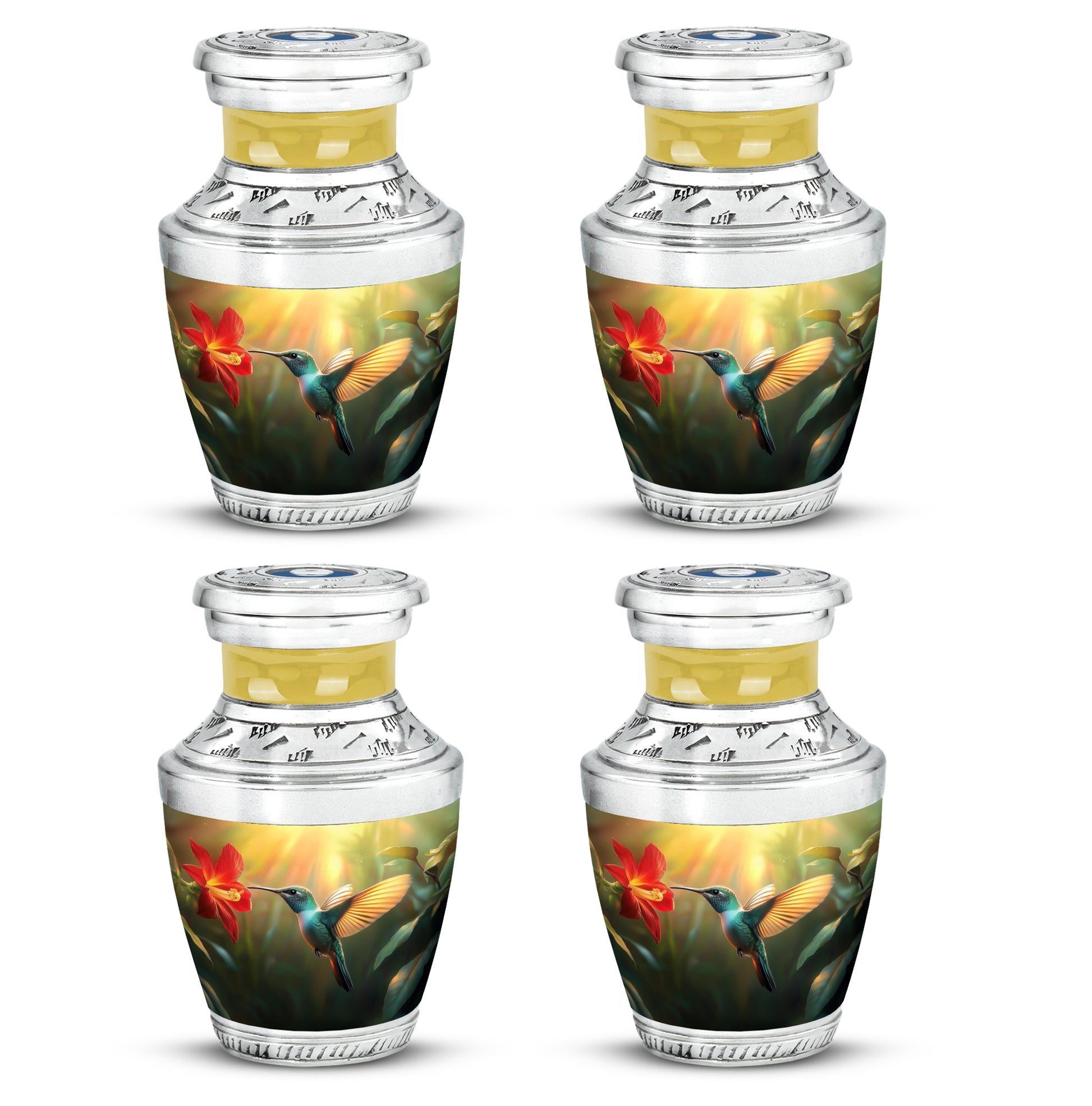 Amber Gold Hummingbird Cremation Urn back view with polished surface - contemporary hummingbird design with modern artistic flair - 10 inch aluminum urn for cremated remains