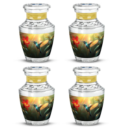 Amber Gold Hummingbird Cremation Urn back view with polished surface - contemporary hummingbird design with modern artistic flair - 10 inch aluminum urn for cremated remains