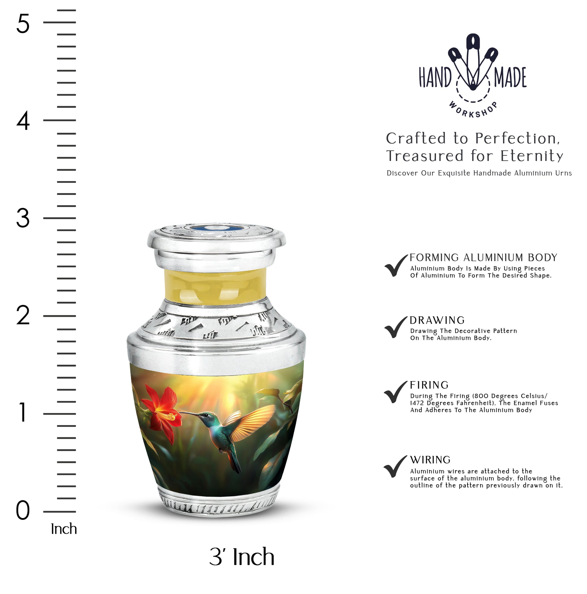 Harvest Gold Hummingbird Cremation Urn top-down view of secure threaded lid - stylized abstract hummingbird pattern with bold lines - mini keepsake memorial for portion of cremation ashes