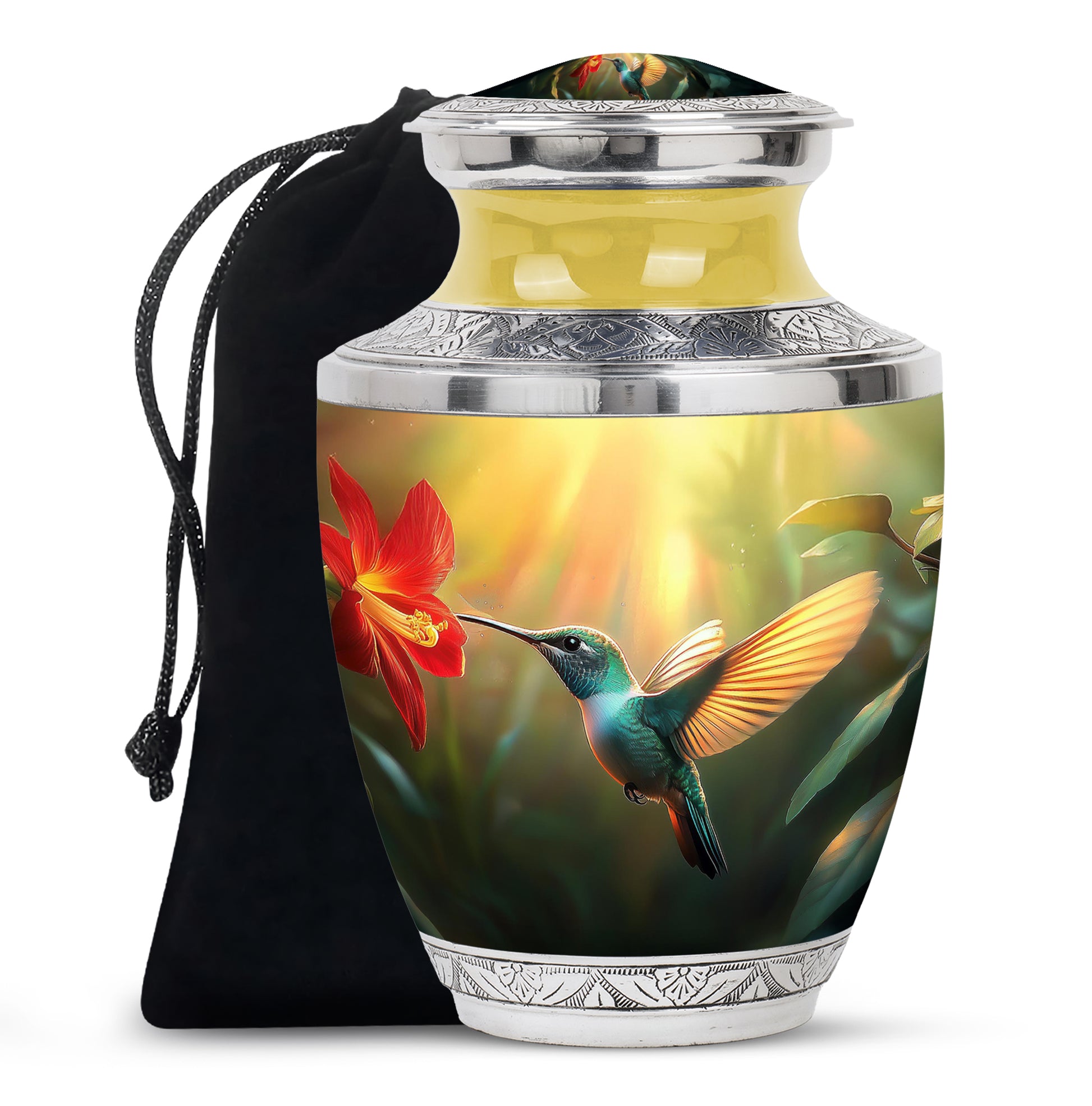 Royal Gold Hummingbird Cremation Urn side profile showing urn shape - stylized abstract hummingbird pattern with bold lines - full-size 10 inch 200 cubic inch adult cremation urn
