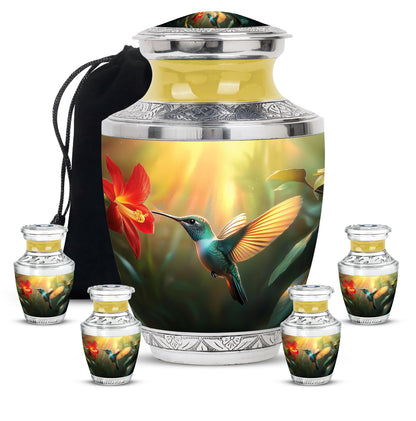 Antique Gold Hummingbird Cremation Urn lifestyle display on memorial shelf - contemporary hummingbird design with modern artistic flair - memorial set with one large and four small urns