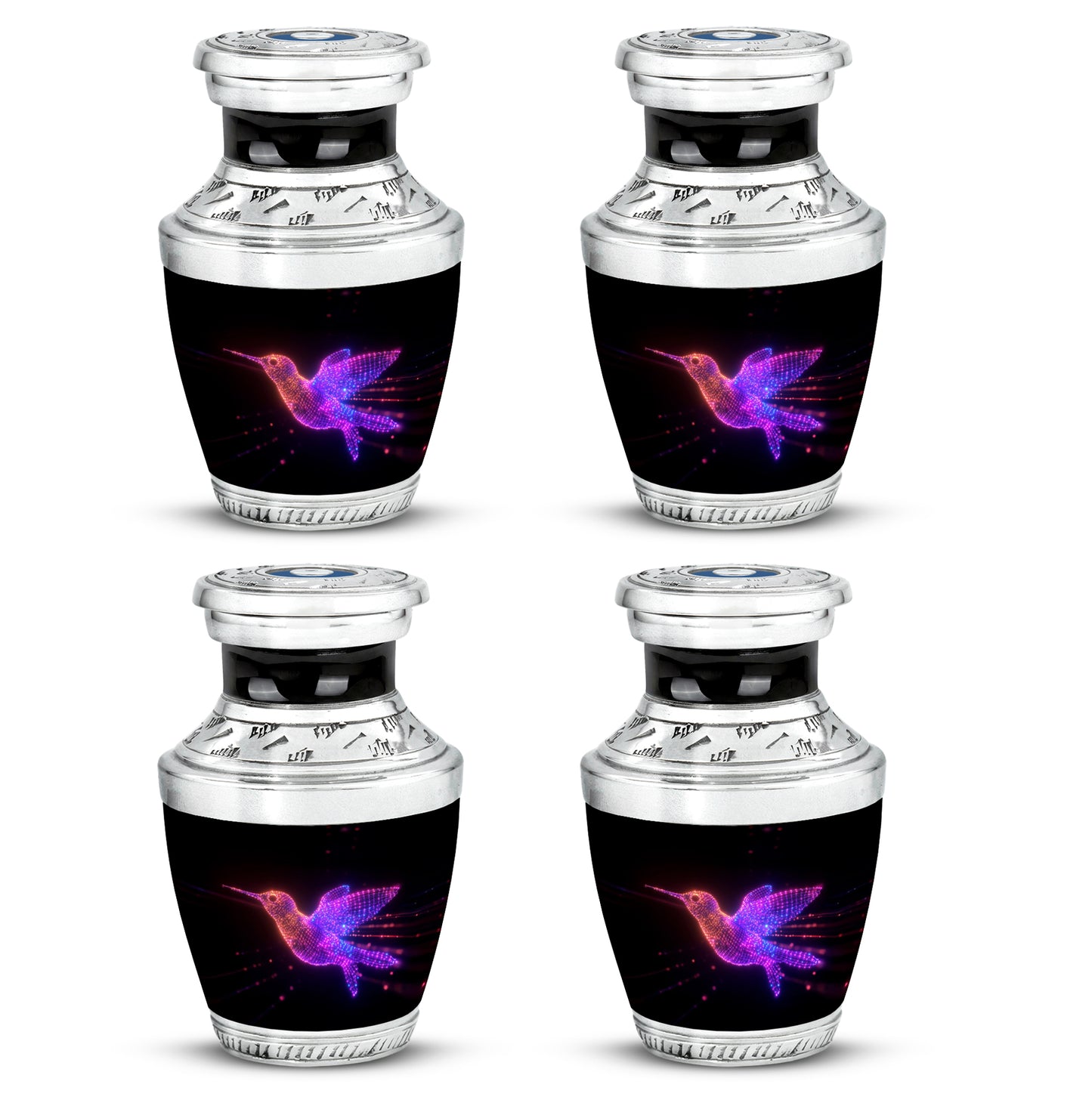 Dark Black Hummingbird Cremation Urn back view with polished surface - stylized abstract hummingbird pattern with bold lines - 10 inch aluminum urn for cremated remains