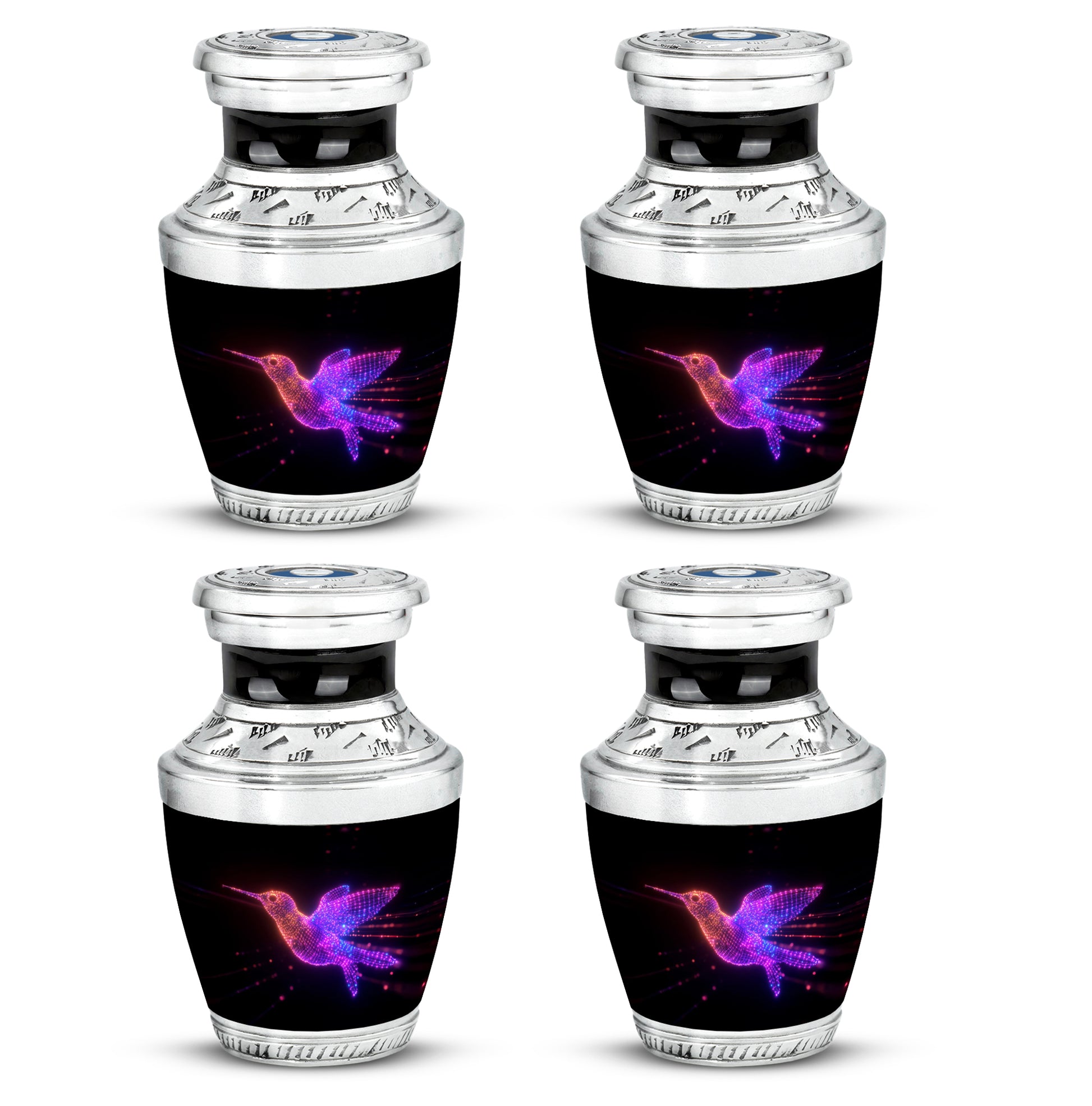 Dark Black Hummingbird Cremation Urn back view with polished surface - stylized abstract hummingbird pattern with bold lines - 10 inch aluminum urn for cremated remains