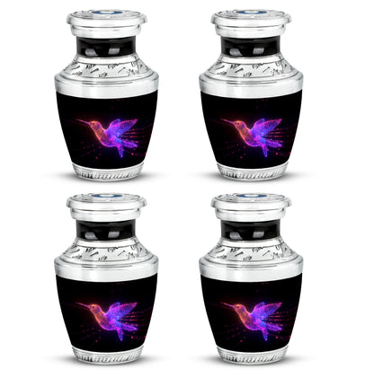 Dark Black Hummingbird Cremation Urn back view with polished surface - stylized abstract hummingbird pattern with bold lines - 10 inch aluminum urn for cremated remains