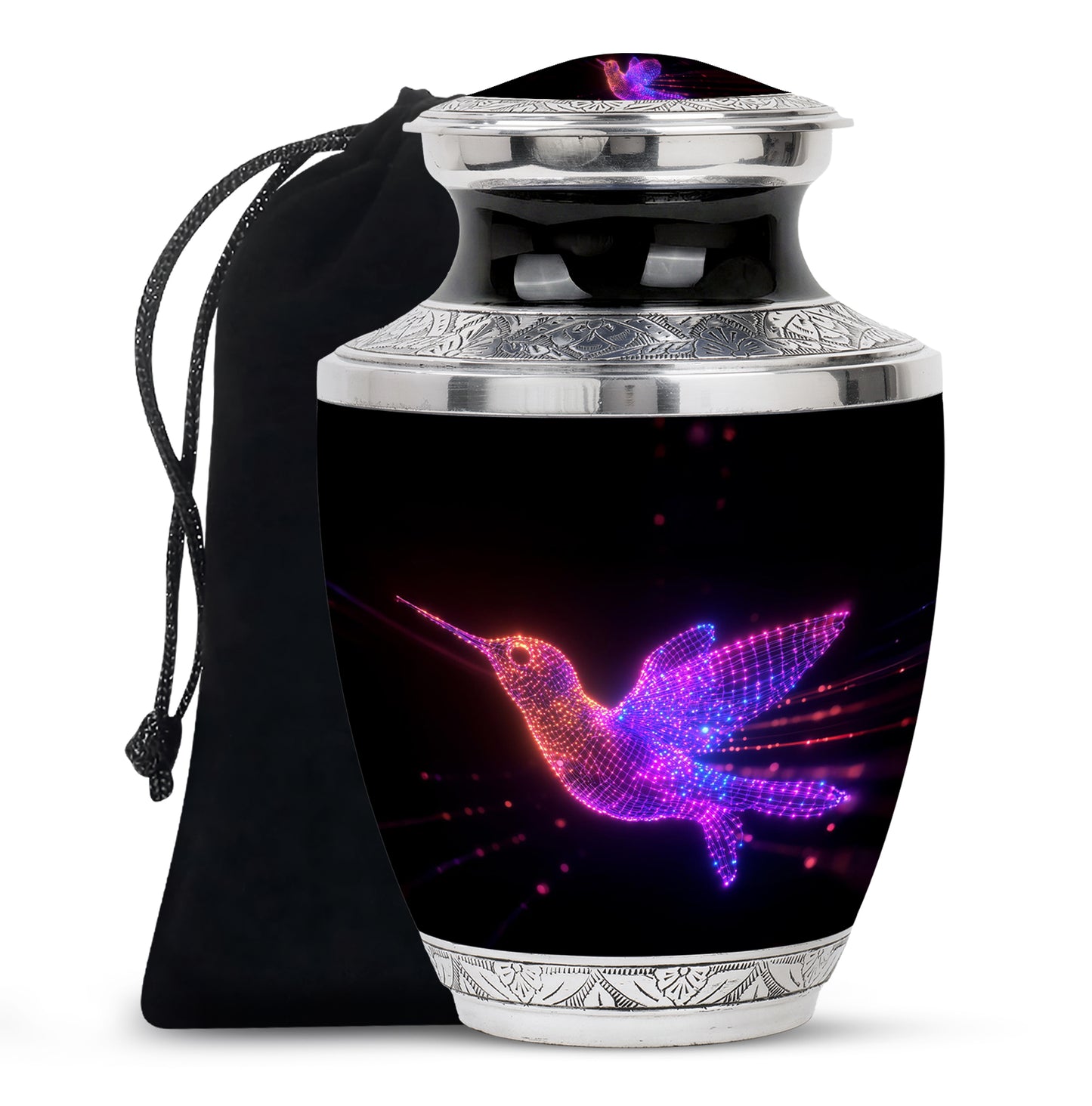 Ebony Hummingbird Cremation Urn side profile showing urn shape - contemporary hummingbird design with modern artistic flair - full-size 10 inch 200 cubic inch adult cremation urn