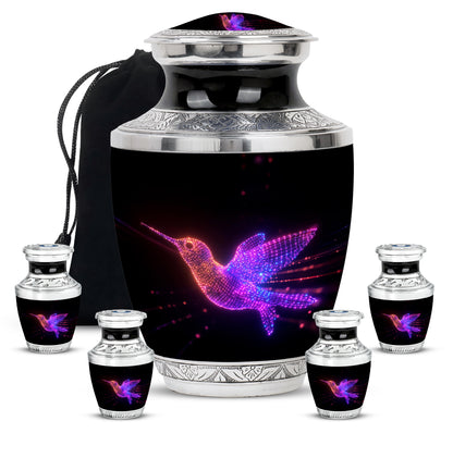 Midnight Black Hummingbird Cremation Urn lifestyle display on memorial shelf - stylized abstract hummingbird pattern with bold lines - memorial set with one large and four small urns