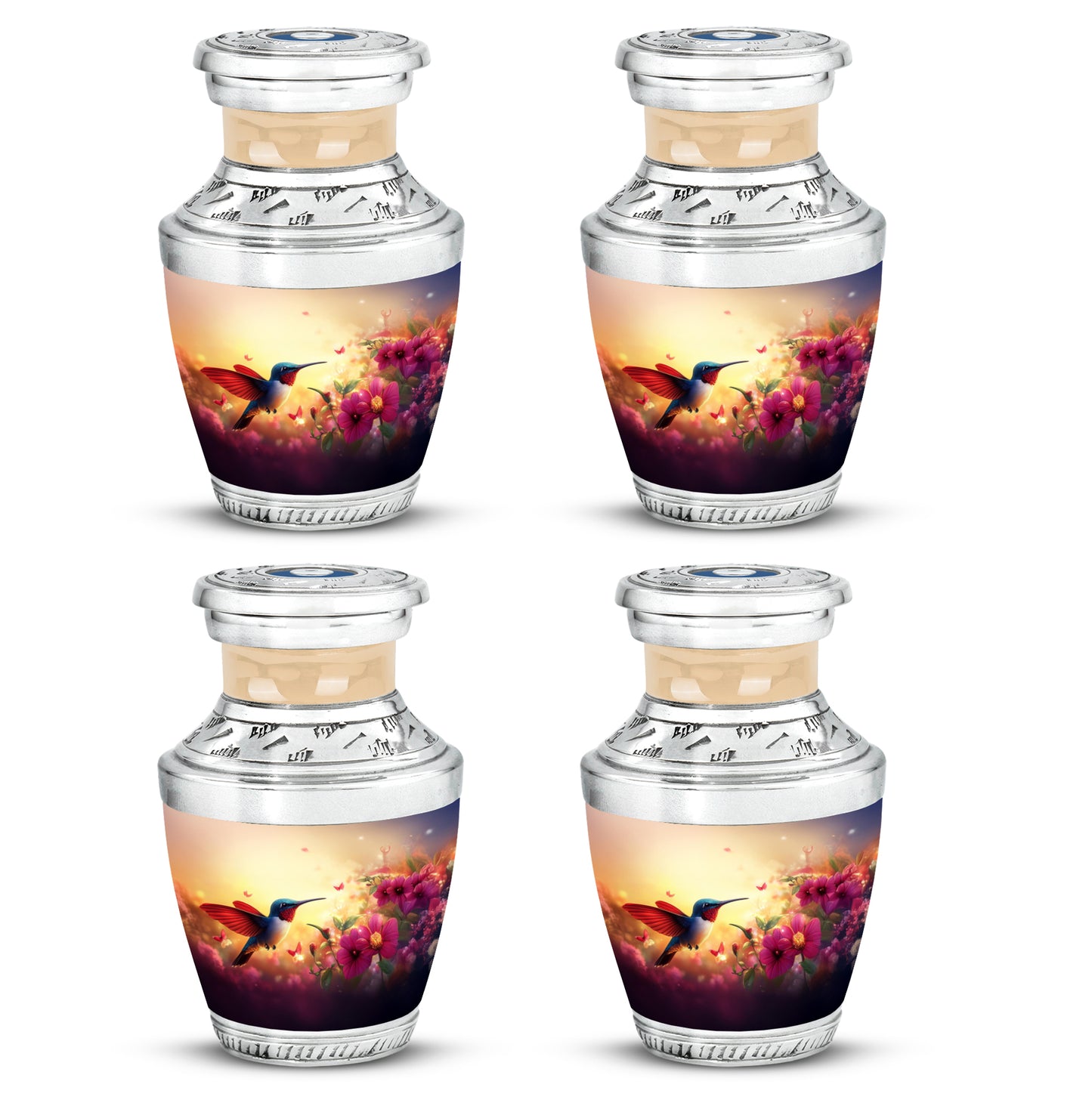 Amber Gold Hummingbird Cremation Urn back view with polished surface - modern art-inspired hummingbird motif on sleek aluminum - 10 inch aluminum urn for cremated remains