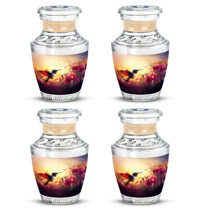 Amber Gold Hummingbird Cremation Urn back view with polished surface - modern art-inspired hummingbird motif on sleek aluminum - 10 inch aluminum urn for cremated remains
