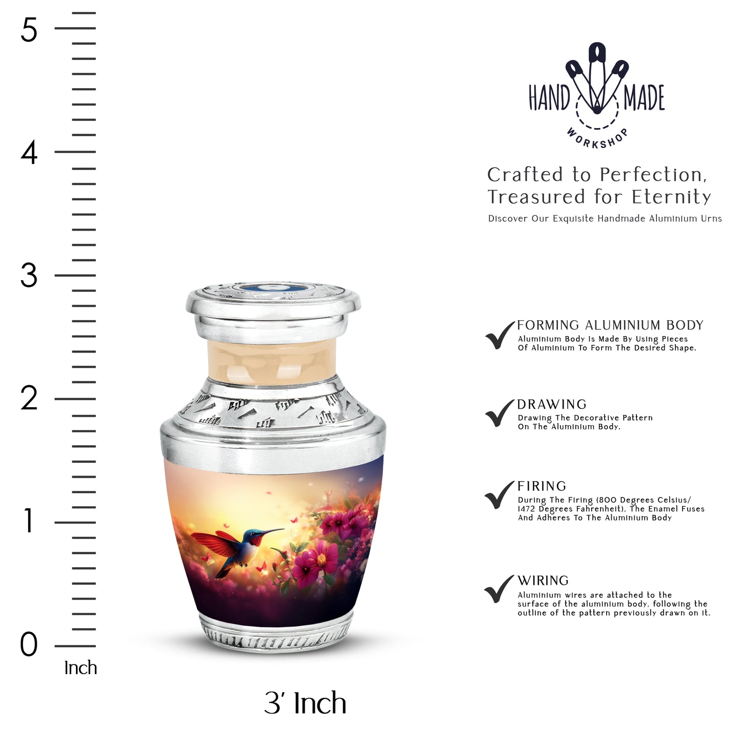 Amber Gold Hummingbird Cremation Urn top-down view of secure threaded lid - contemporary hummingbird design with modern artistic flair - mini keepsake memorial for portion of cremation ashes