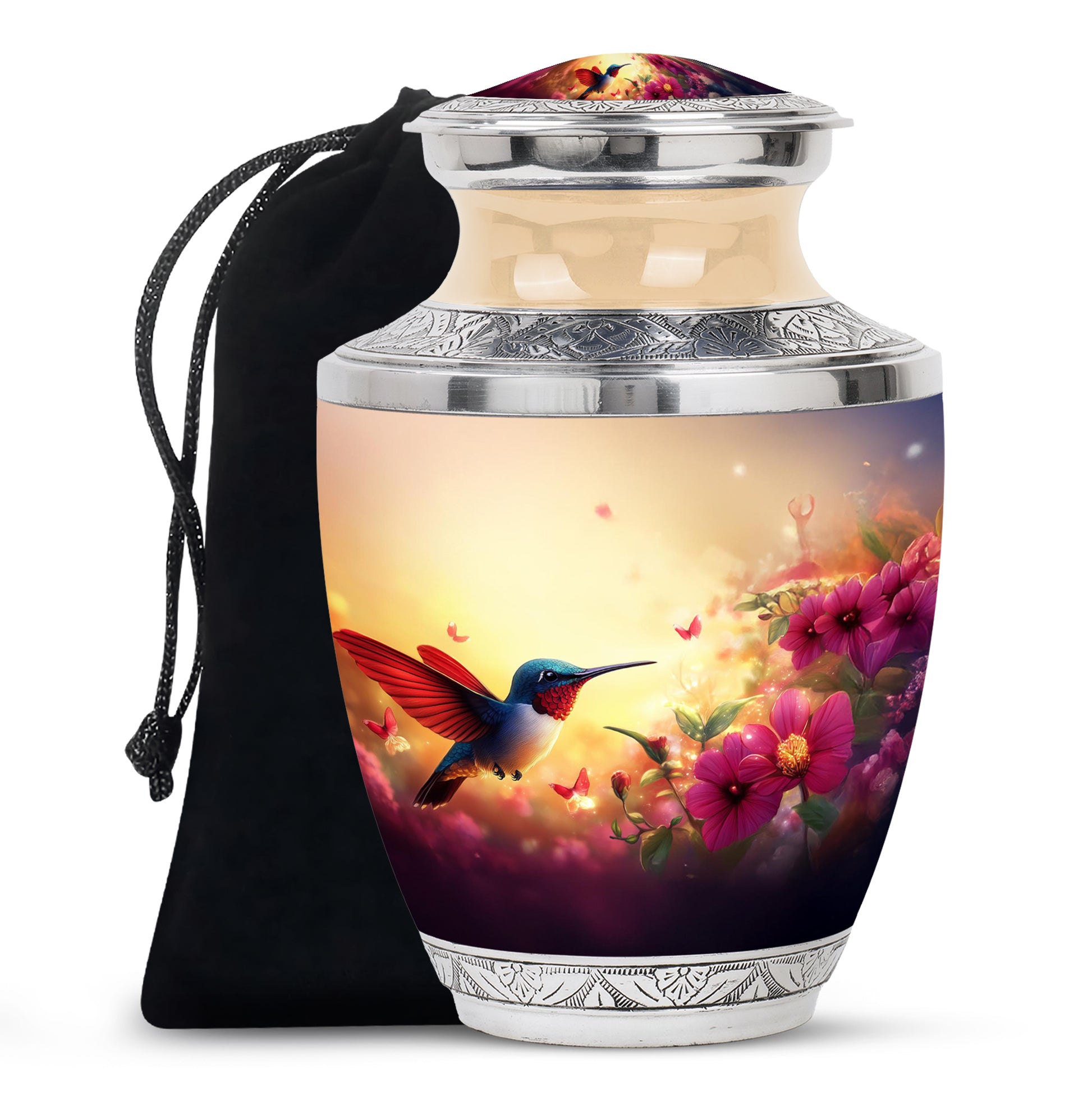 Sunrise Gold Hummingbird Cremation Urn side profile showing urn shape - contemporary hummingbird design with modern artistic flair - full-size 10 inch 200 cubic inch adult cremation urn