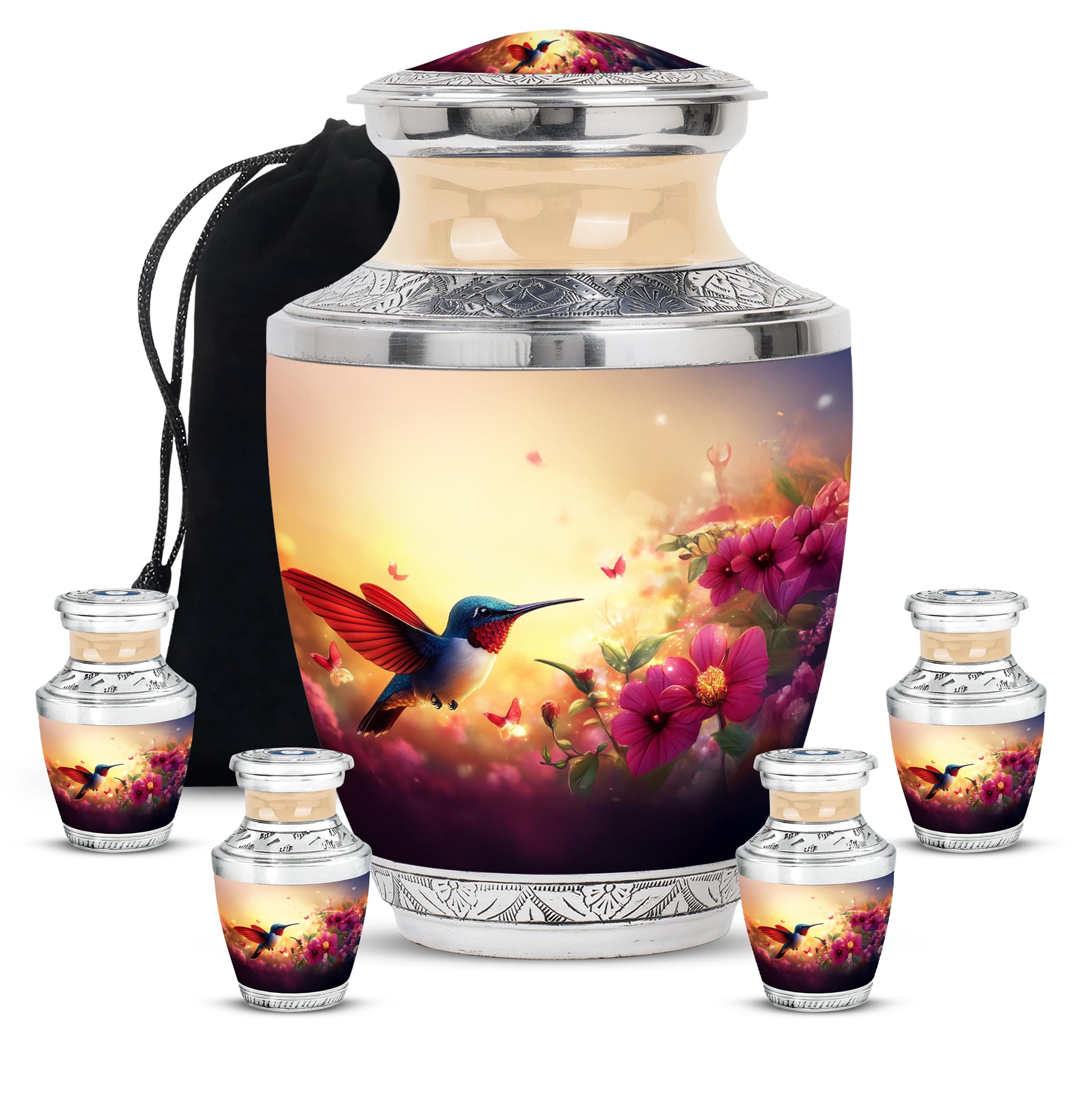 Harvest Gold Hummingbird Cremation Urn lifestyle display on memorial shelf - artistic hummingbird interpretation with creative detail - memorial set with one large and four small urns