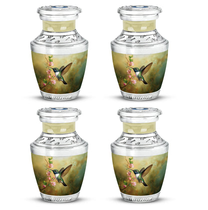 Matte Gold Hummingbird Cremation Urn back view with polished surface - artistic hummingbird interpretation with creative detail - 10 inch aluminum urn for cremated remains