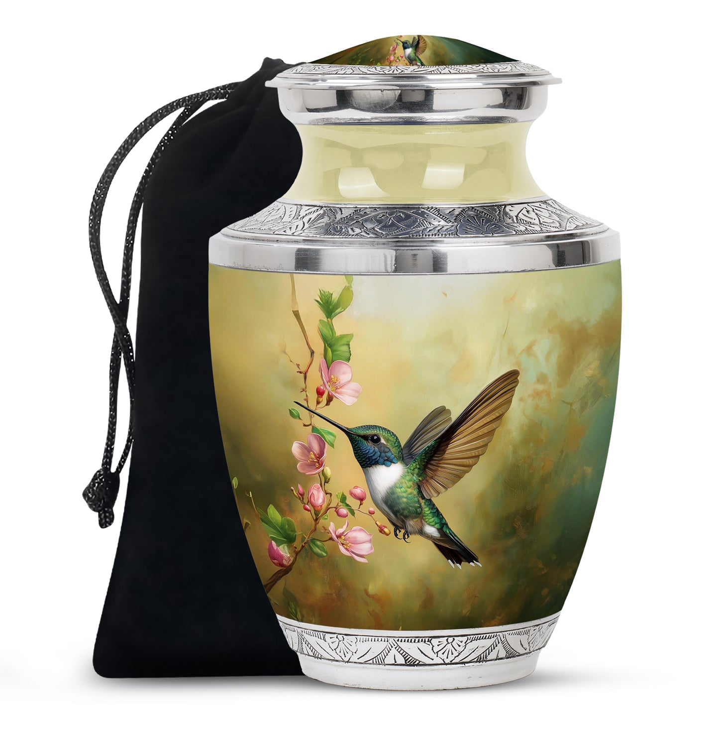 Antique Gold Hummingbird Cremation Urn side profile showing urn shape - contemporary hummingbird design with modern artistic flair - full-size 10 inch 200 cubic inch adult cremation urn