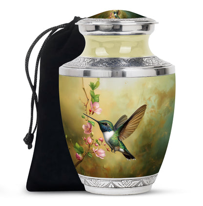 Antique Gold Hummingbird Cremation Urn side profile showing urn shape - contemporary hummingbird design with modern artistic flair - full-size 10 inch 200 cubic inch adult cremation urn