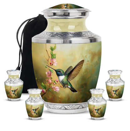 Antique Gold Hummingbird Cremation Urn lifestyle display on memorial shelf - contemporary hummingbird design with modern artistic flair - memorial set with one large and four small urns