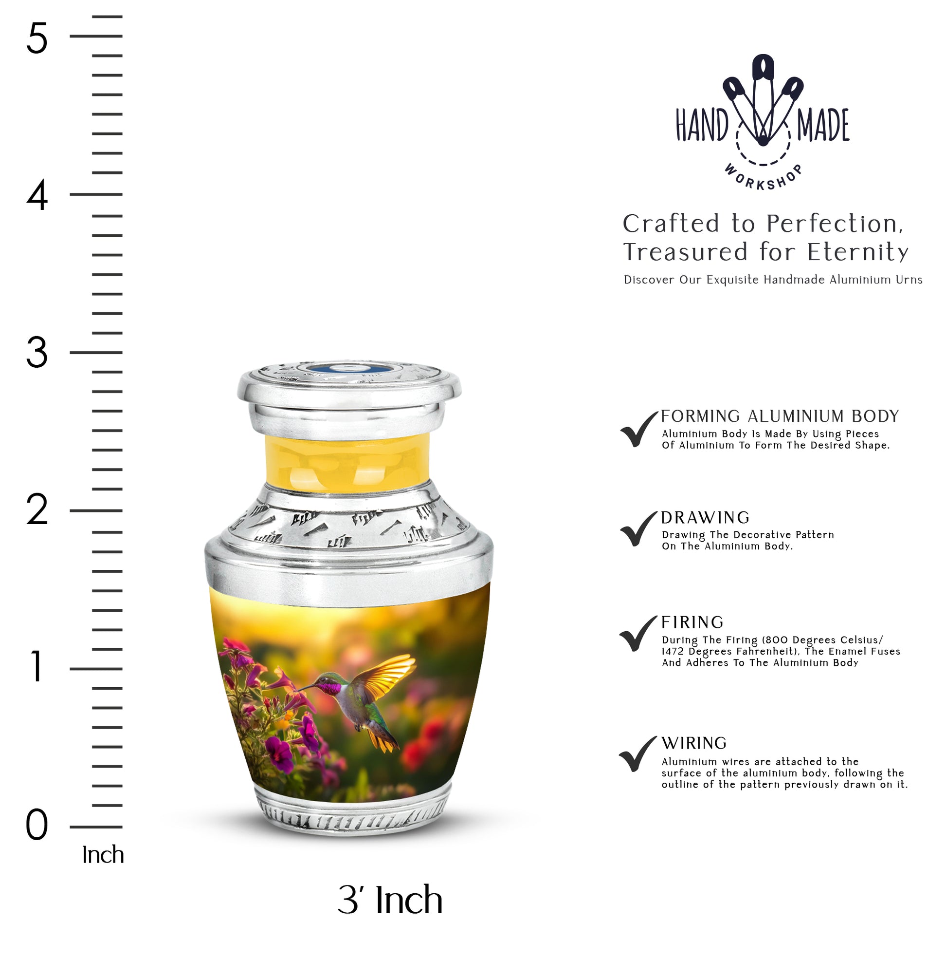 Matte Gold Hummingbird Cremation Urn top-down view of secure threaded lid - artistic hummingbird interpretation with creative detail - mini keepsake memorial for portion of cremation ashes