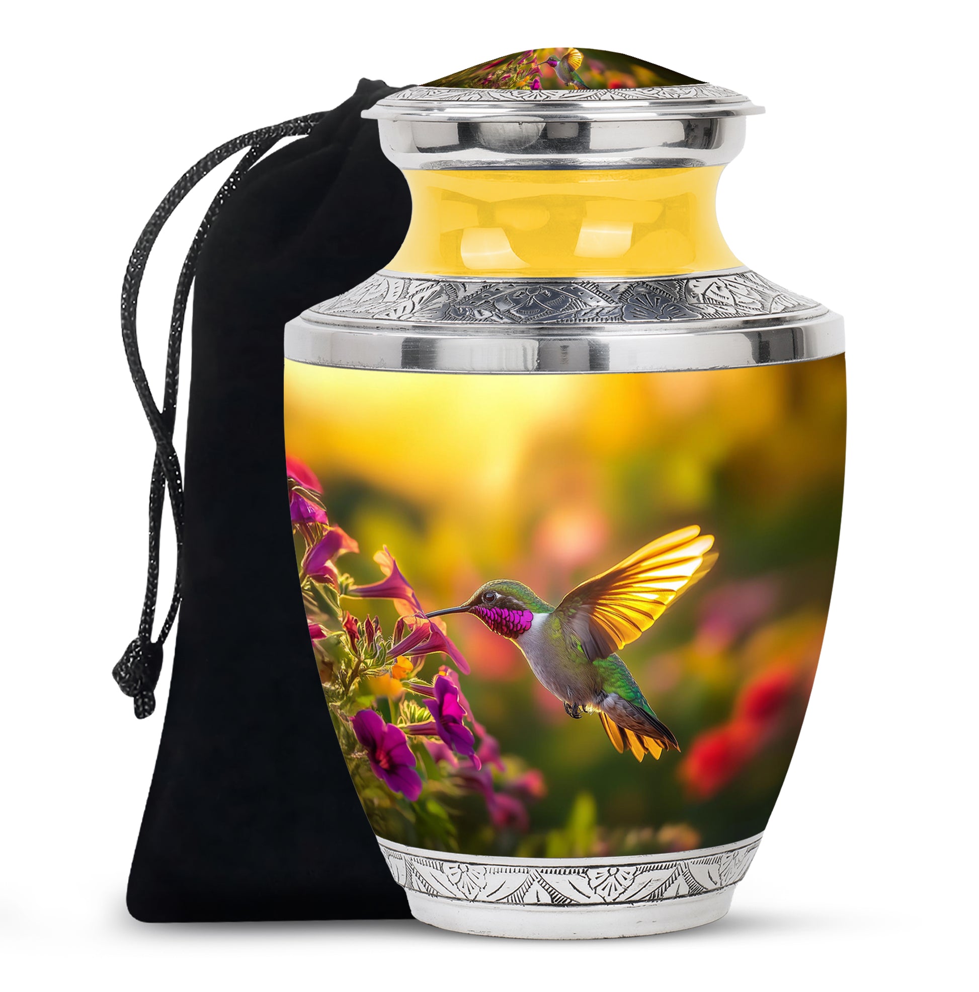 Amber Gold Hummingbird Cremation Urn side profile showing urn shape - modern art-inspired hummingbird motif on sleek aluminum - full-size 10 inch 200 cubic inch adult cremation urn
