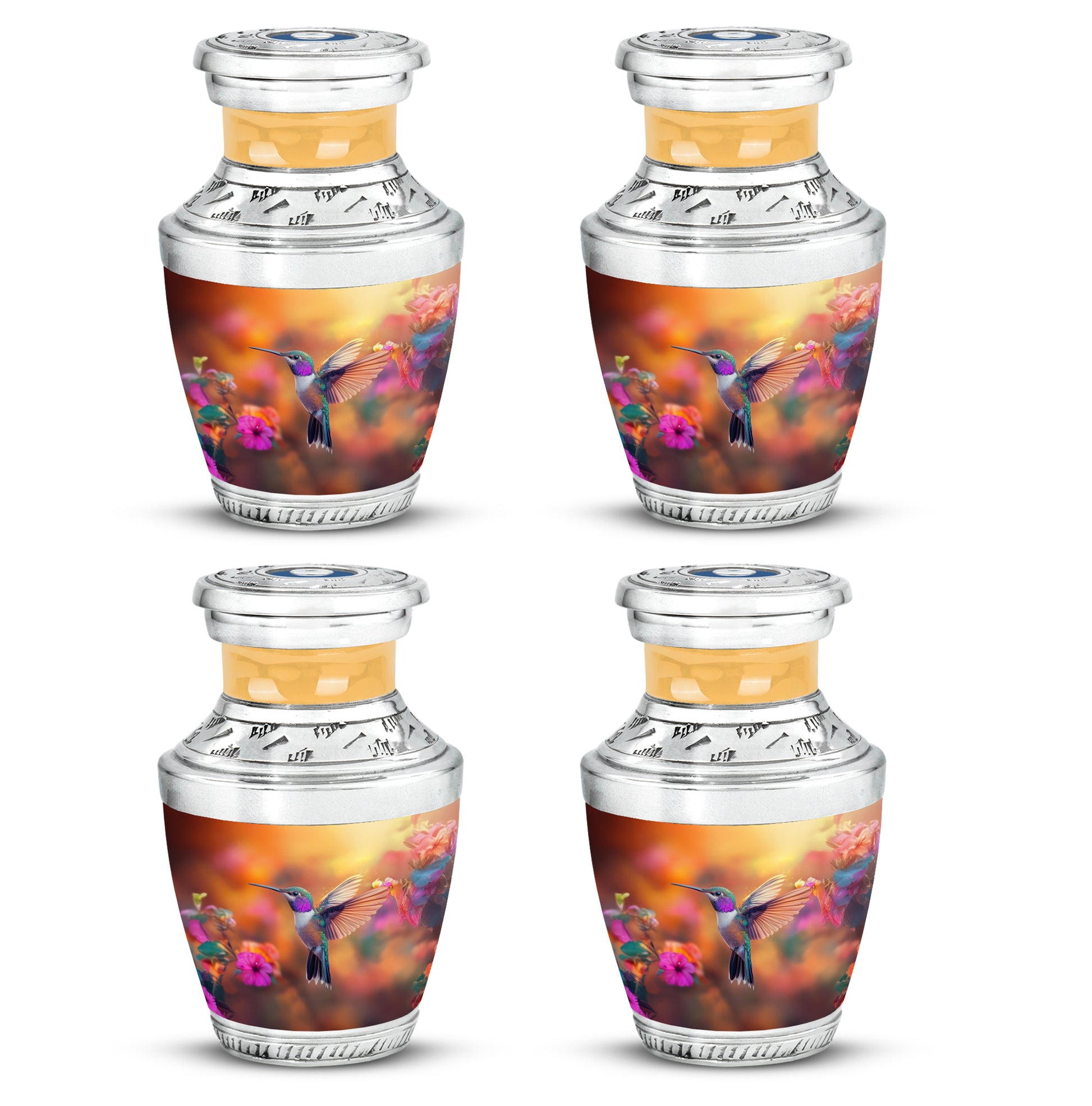 Amber Gold Hummingbird Cremation Urn back view with polished surface - contemporary hummingbird design with modern artistic flair - 10 inch aluminum urn for cremated remains