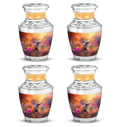Amber Gold Hummingbird Cremation Urn back view with polished surface - contemporary hummingbird design with modern artistic flair - 10 inch aluminum urn for cremated remains