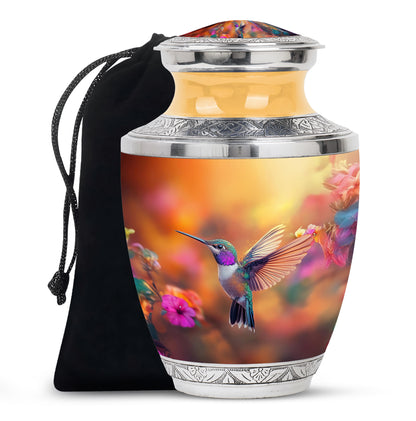 Antique Gold Hummingbird Cremation Urn side profile showing urn shape - modern art-inspired hummingbird motif on sleek aluminum - full-size 10 inch 200 cubic inch adult cremation urn
