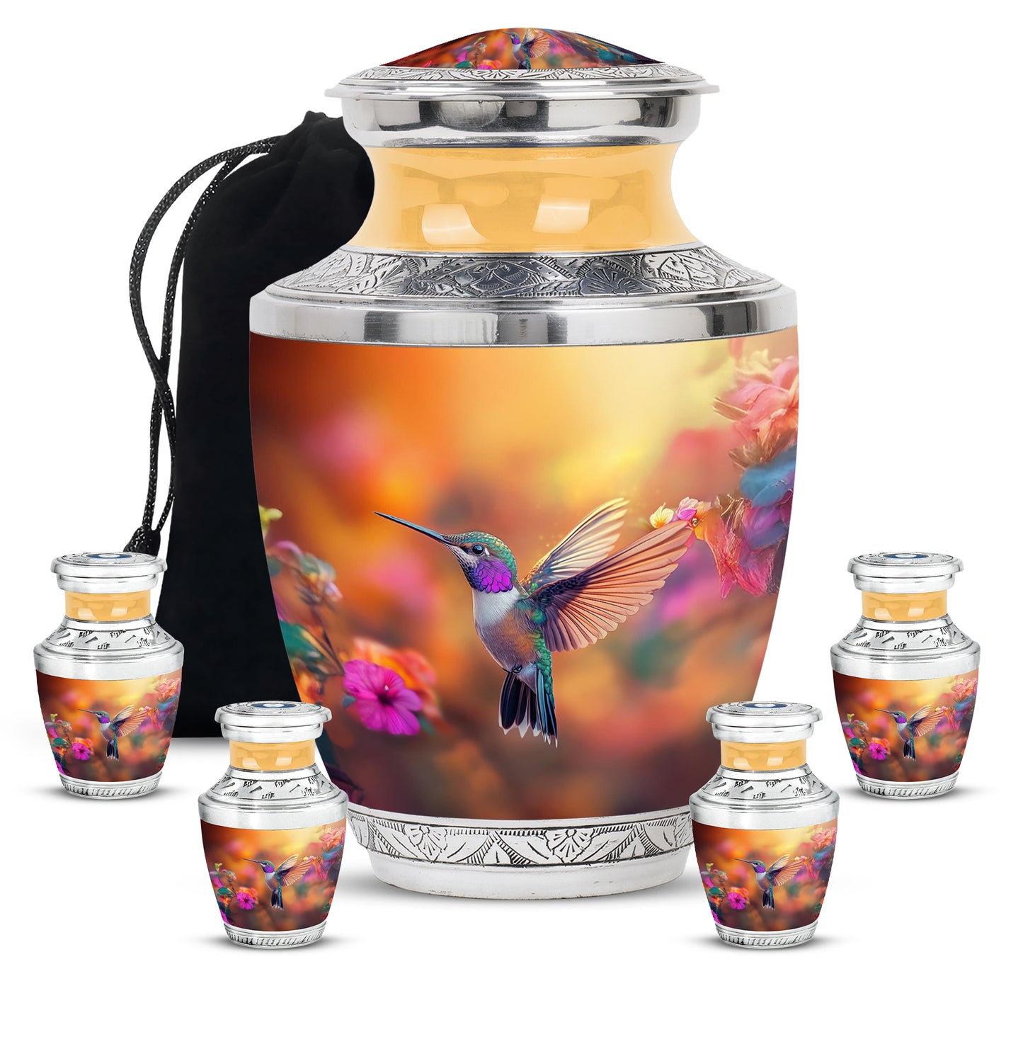 Burnished Gold Hummingbird Cremation Urn lifestyle display on memorial shelf - artistic hummingbird interpretation with creative detail - memorial set with one large and four small urns