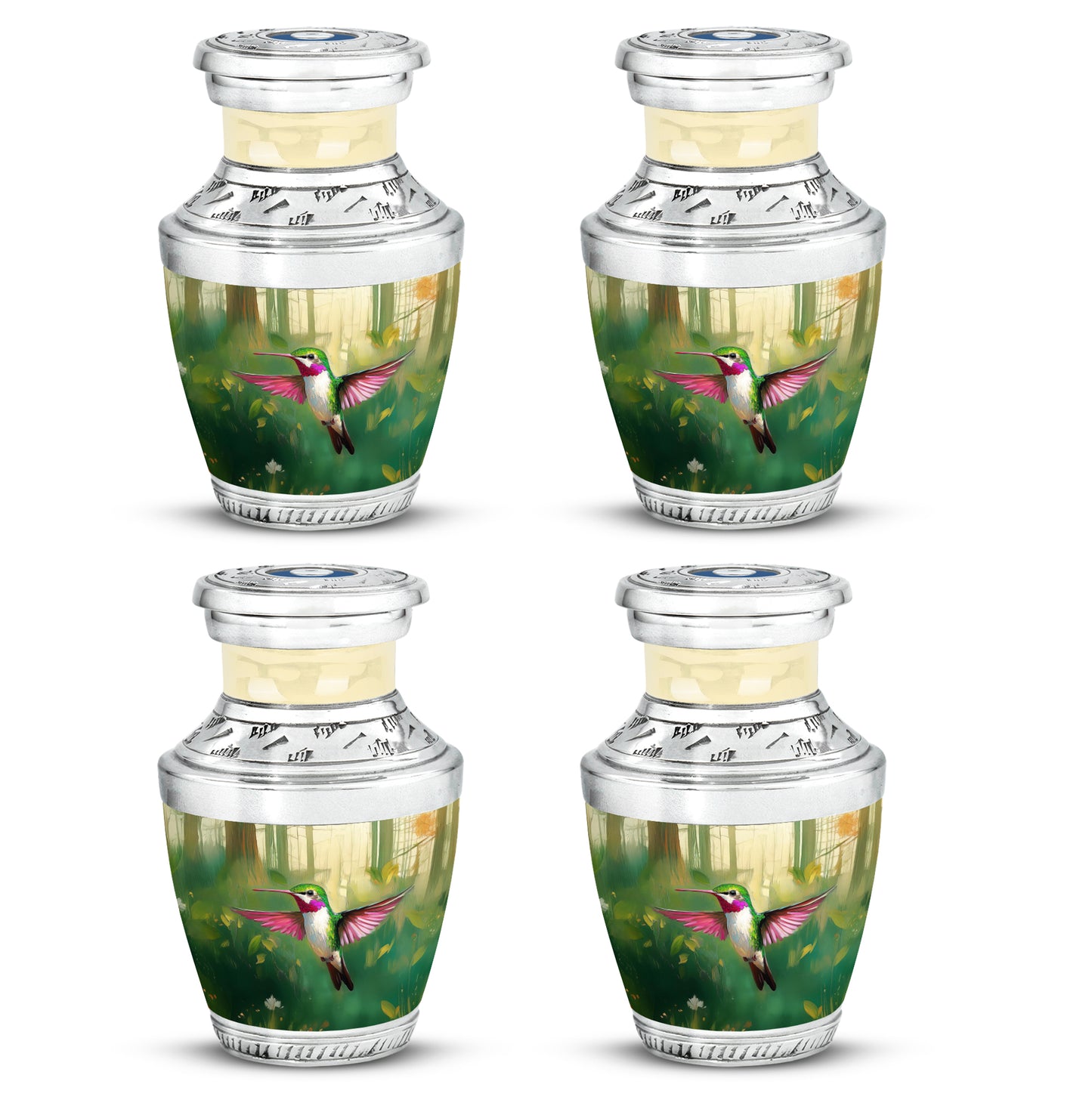 Emerald Green Hummingbird Cremation Urn back view with polished surface - contemporary hummingbird design with modern artistic flair - 10 inch aluminum urn for cremated remains