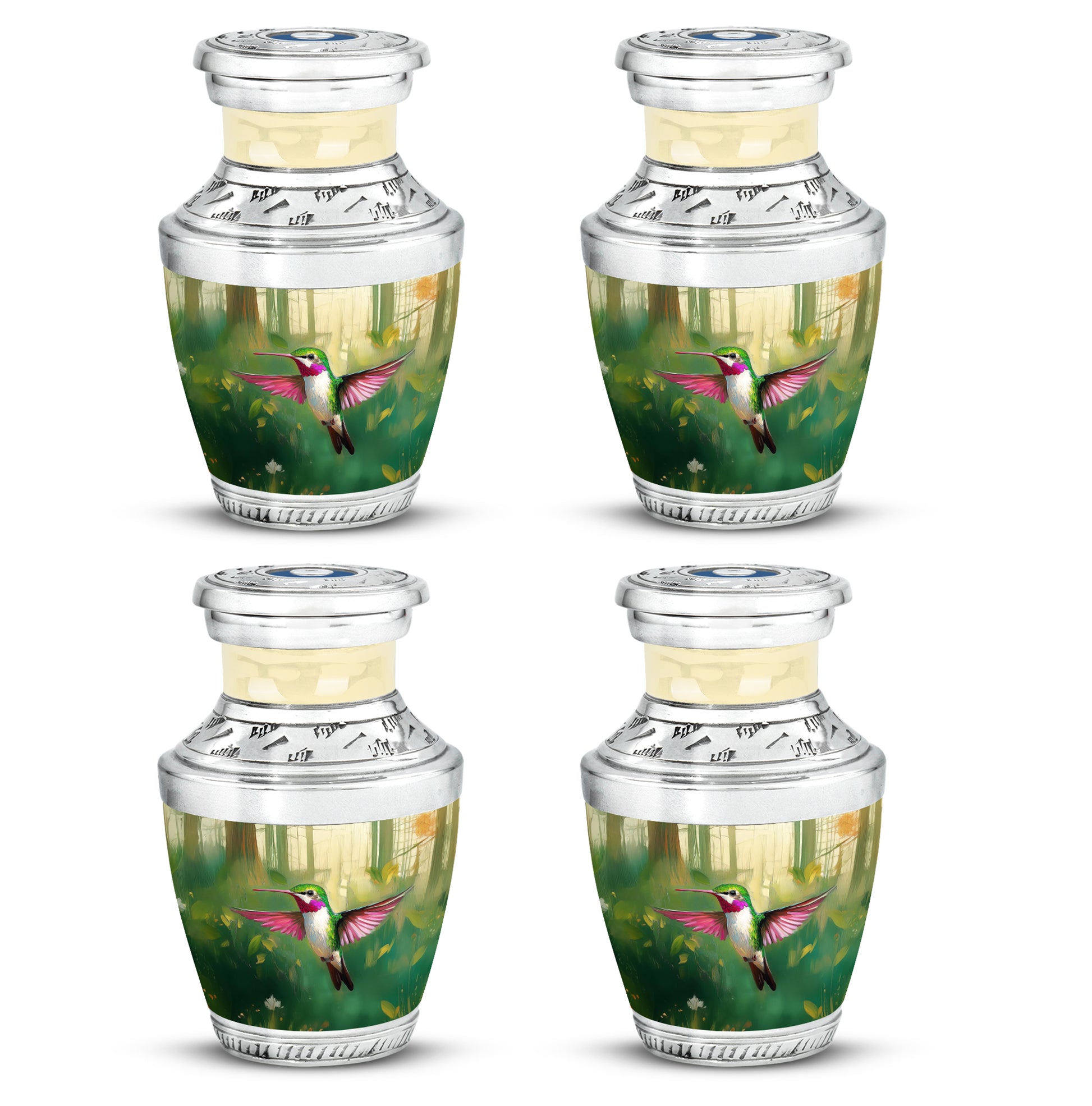 Emerald Green Hummingbird Cremation Urn back view with polished surface - contemporary hummingbird design with modern artistic flair - 10 inch aluminum urn for cremated remains