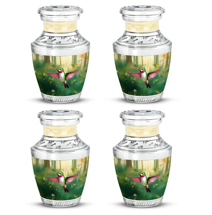 Emerald Green Hummingbird Cremation Urn back view with polished surface - contemporary hummingbird design with modern artistic flair - 10 inch aluminum urn for cremated remains