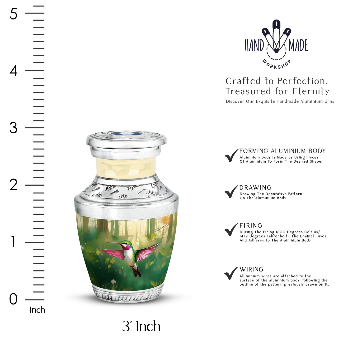 Jade Green Hummingbird Cremation Urn top-down view of secure threaded lid - contemporary hummingbird design with modern artistic flair - mini keepsake memorial for portion of cremation ashes