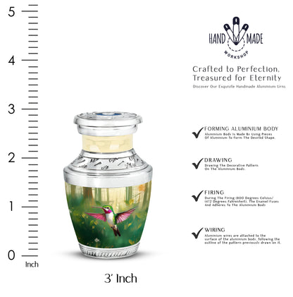 Jade Green Hummingbird Cremation Urn top-down view of secure threaded lid - contemporary hummingbird design with modern artistic flair - mini keepsake memorial for portion of cremation ashes