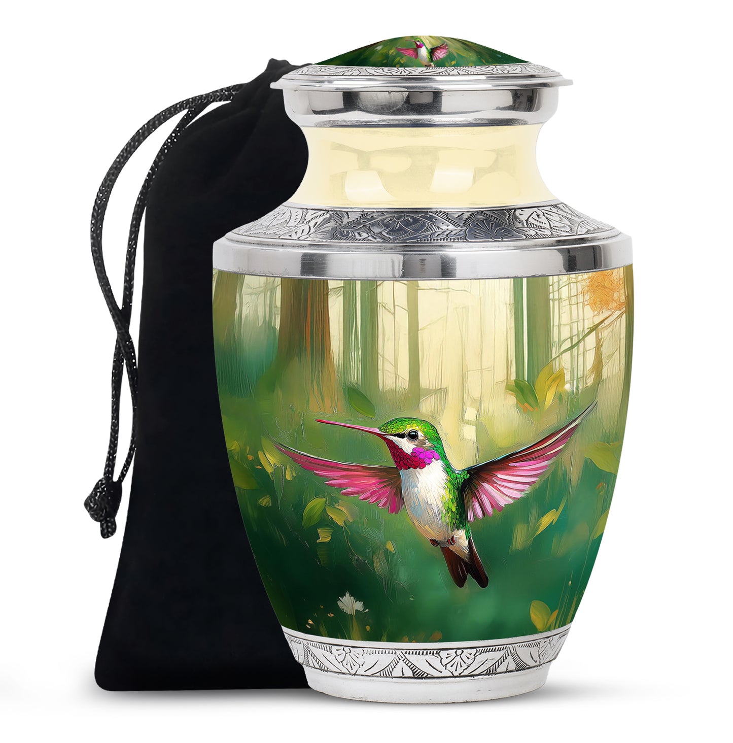 Jade Green Hummingbird Cremation Urn side profile showing urn shape - modern art-inspired hummingbird motif on sleek aluminum - full-size 10 inch 200 cubic inch adult cremation urn
