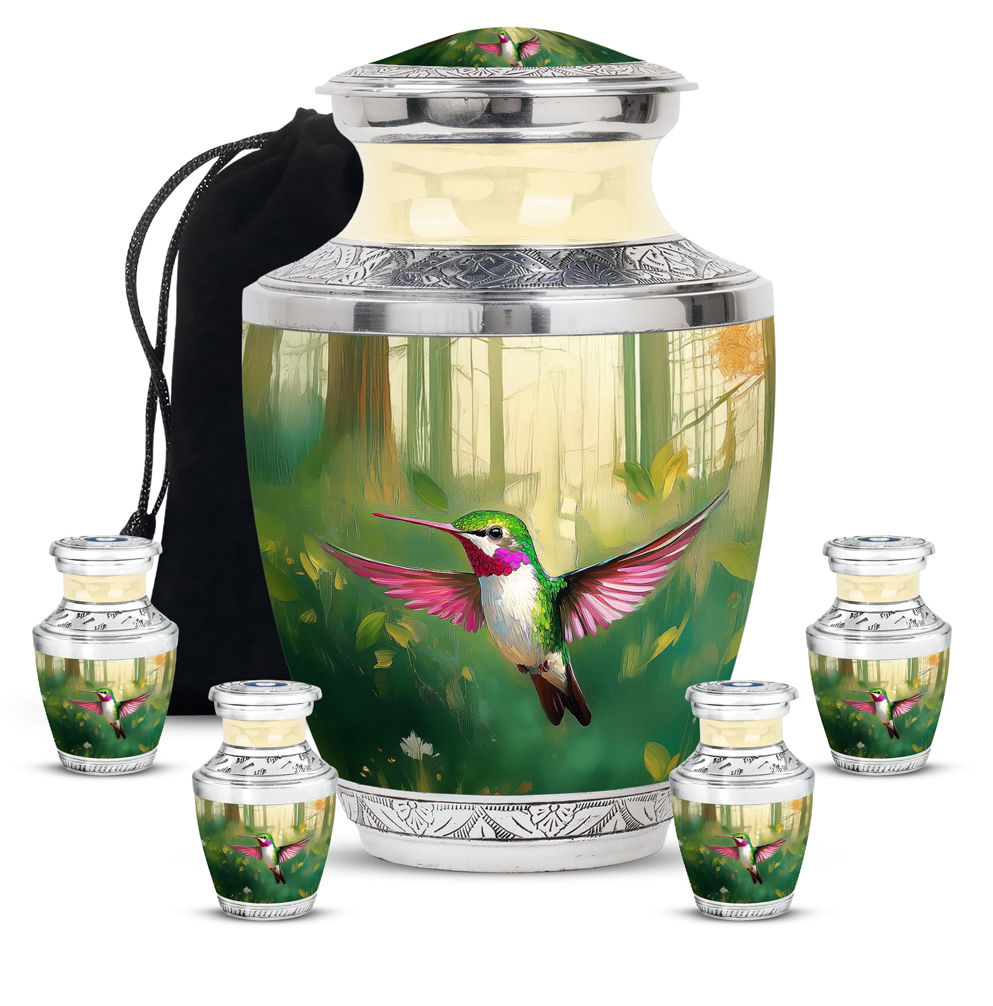 Sage Green Hummingbird Cremation Urn lifestyle display on memorial shelf - modern art-inspired hummingbird motif on sleek aluminum - memorial set with one large and four small urns